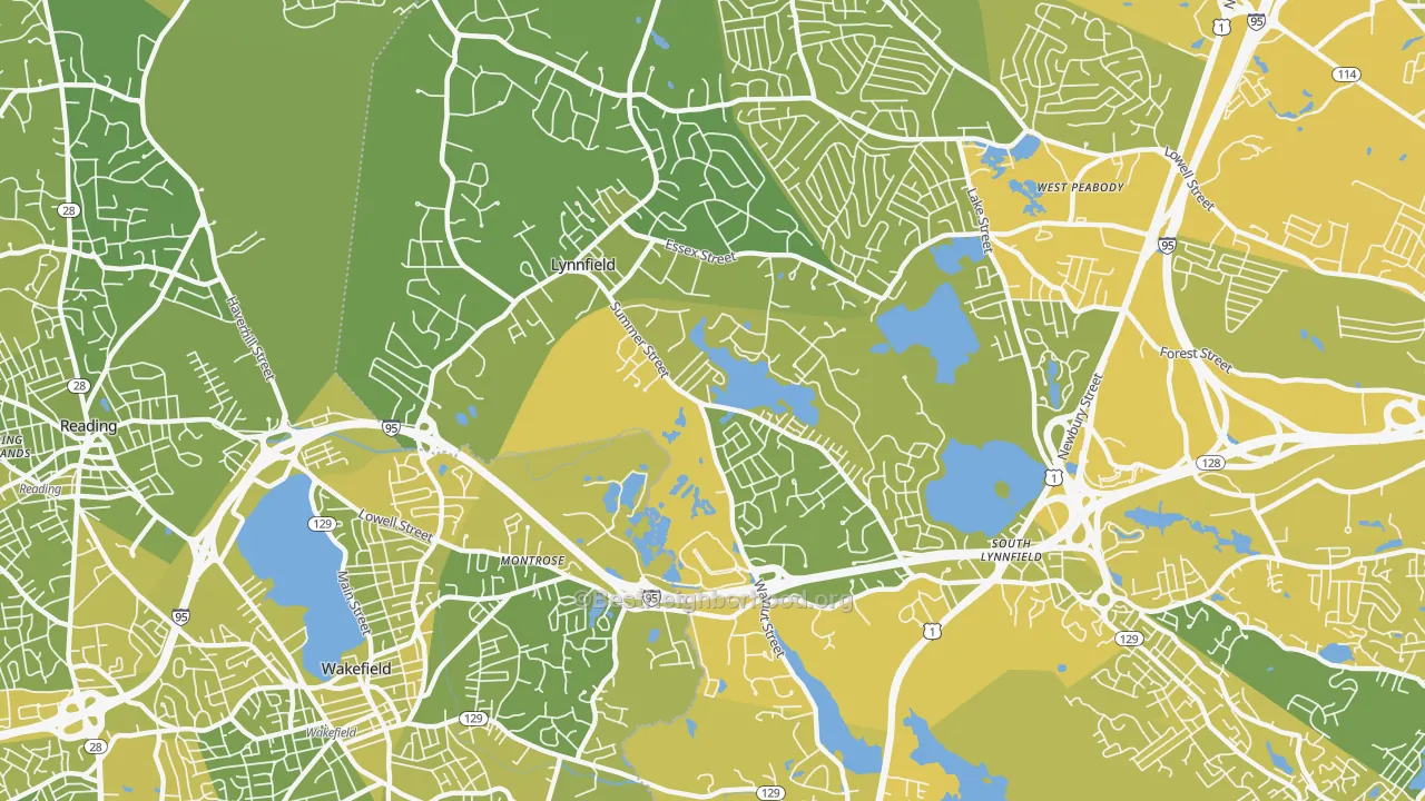 Map of the best neighborhoods in the Lynnfield area, with better matches in green and worse matches in red