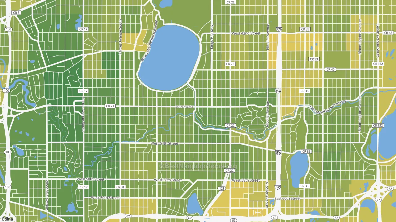 Map of the best neighborhoods in the Lynnhurst, Minneapolis area, with better matches in green and worse matches in red