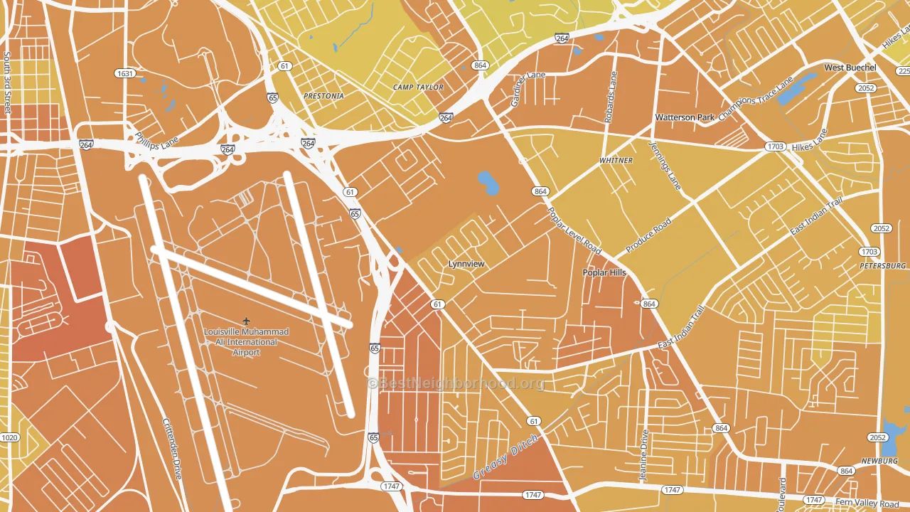Map of the best neighborhoods in the Lynnview area, with better matches in green and worse matches in red