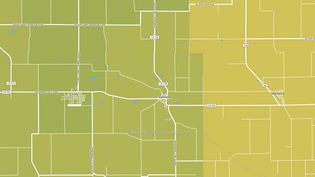 Map of the best neighborhoods in the Lynnville area, with better matches in green and worse matches in red