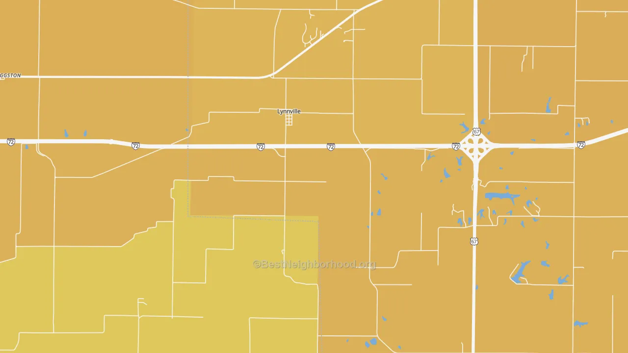 Map of the best neighborhoods in the Lynnville area, with better matches in green and worse matches in red