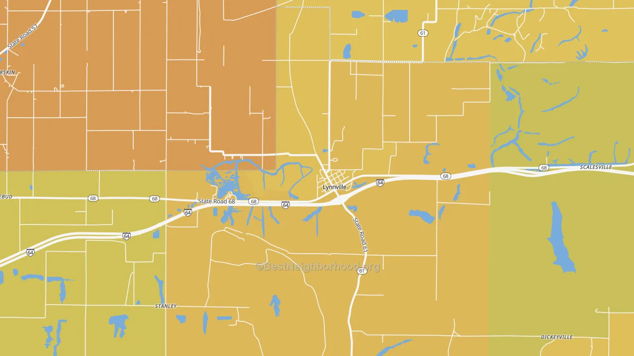 Map of the best neighborhoods in the Lynnville area, with better matches in green and worse matches in red