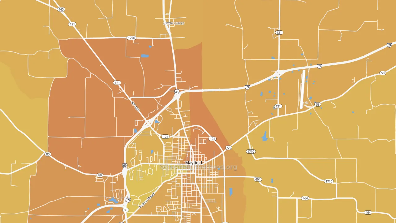 Map of the best neighborhoods in the Lynnville area, with better matches in green and worse matches in red