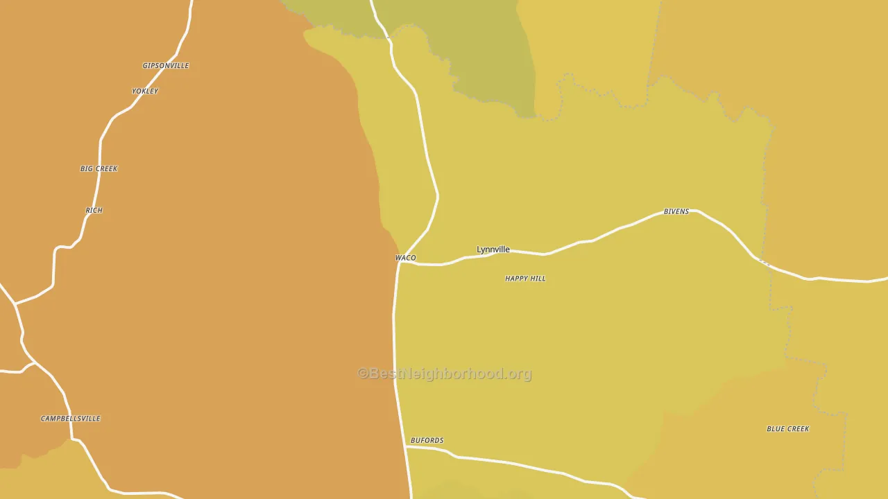 Map of the best neighborhoods in the Lynnville area, with better matches in green and worse matches in red