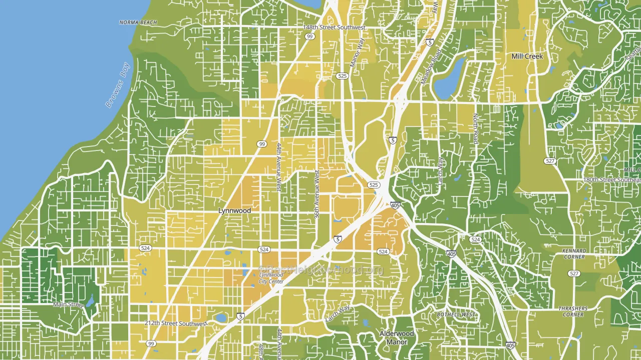 Map of the best neighborhoods in the Lynnwood area, with better matches in green and worse matches in red