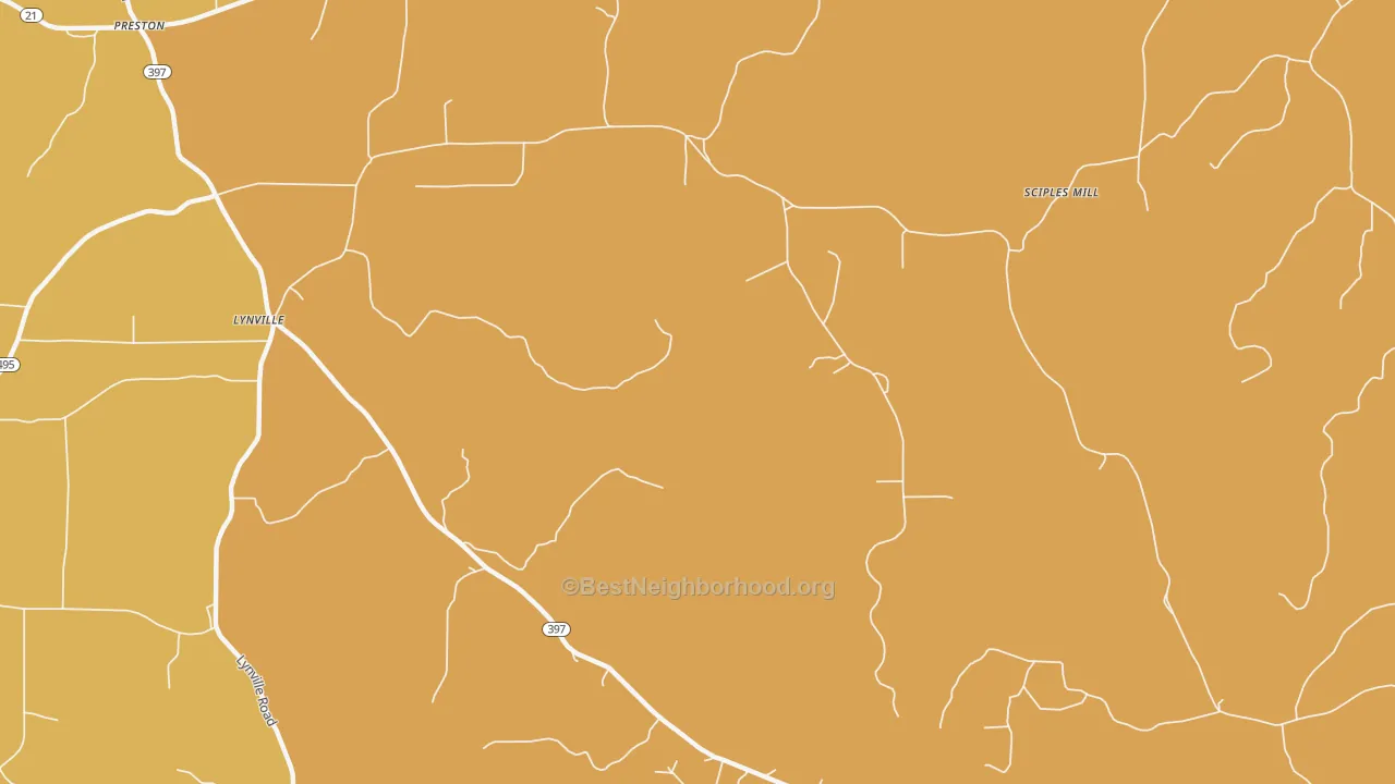 Map of the best neighborhoods in the Lynville area, with better matches in green and worse matches in red