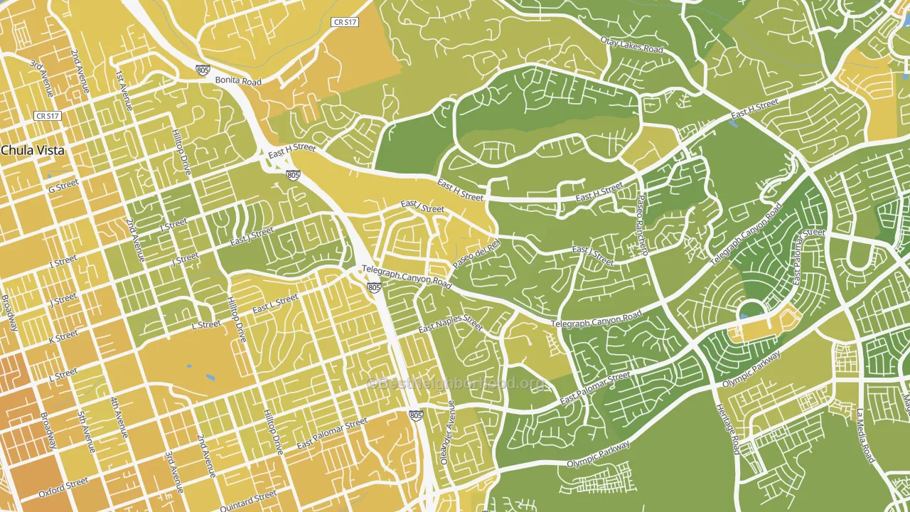 Map of the best neighborhoods in the Lynwood Hills, Chula Vista area, with better matches in green and worse matches in red