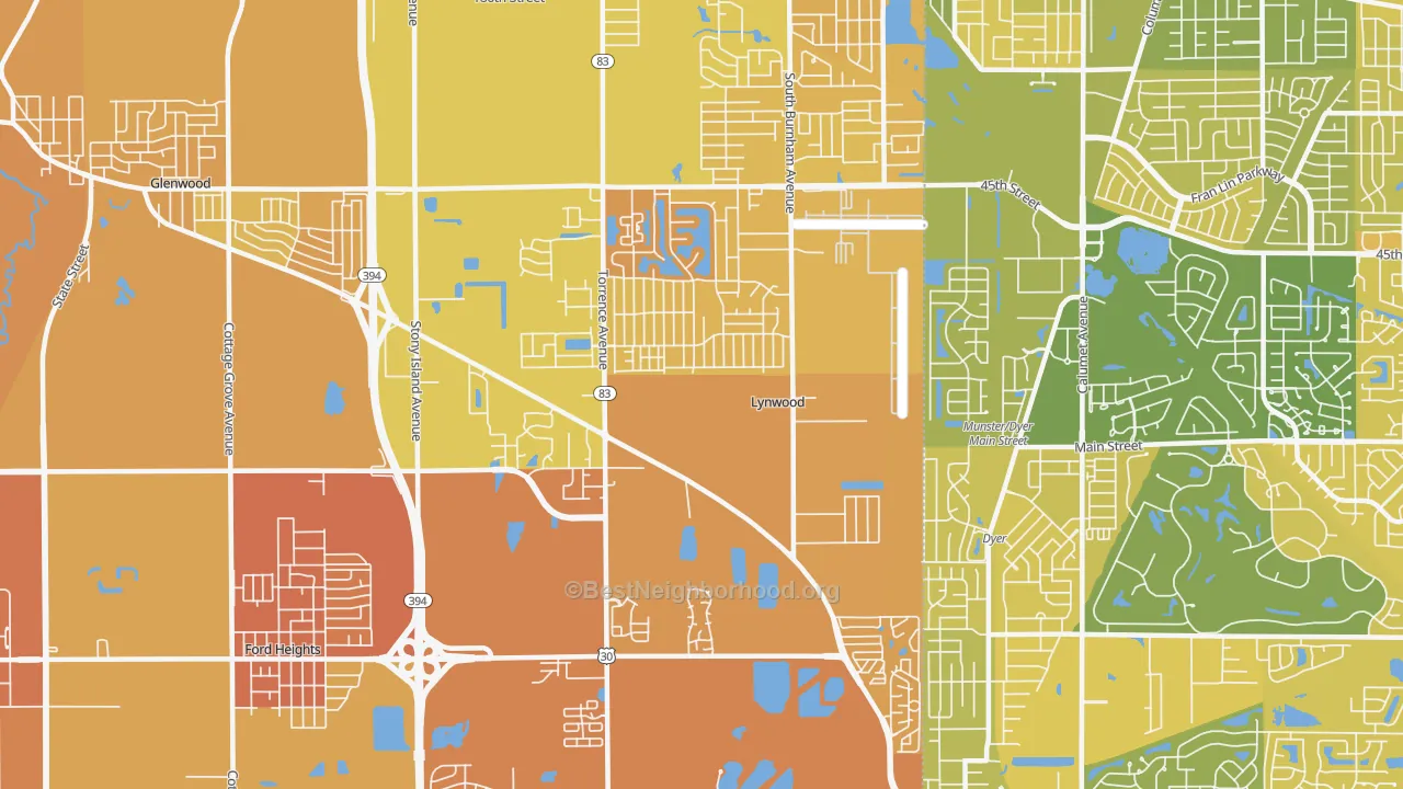 Map of the best neighborhoods in the Lynwood area, with better matches in green and worse matches in red