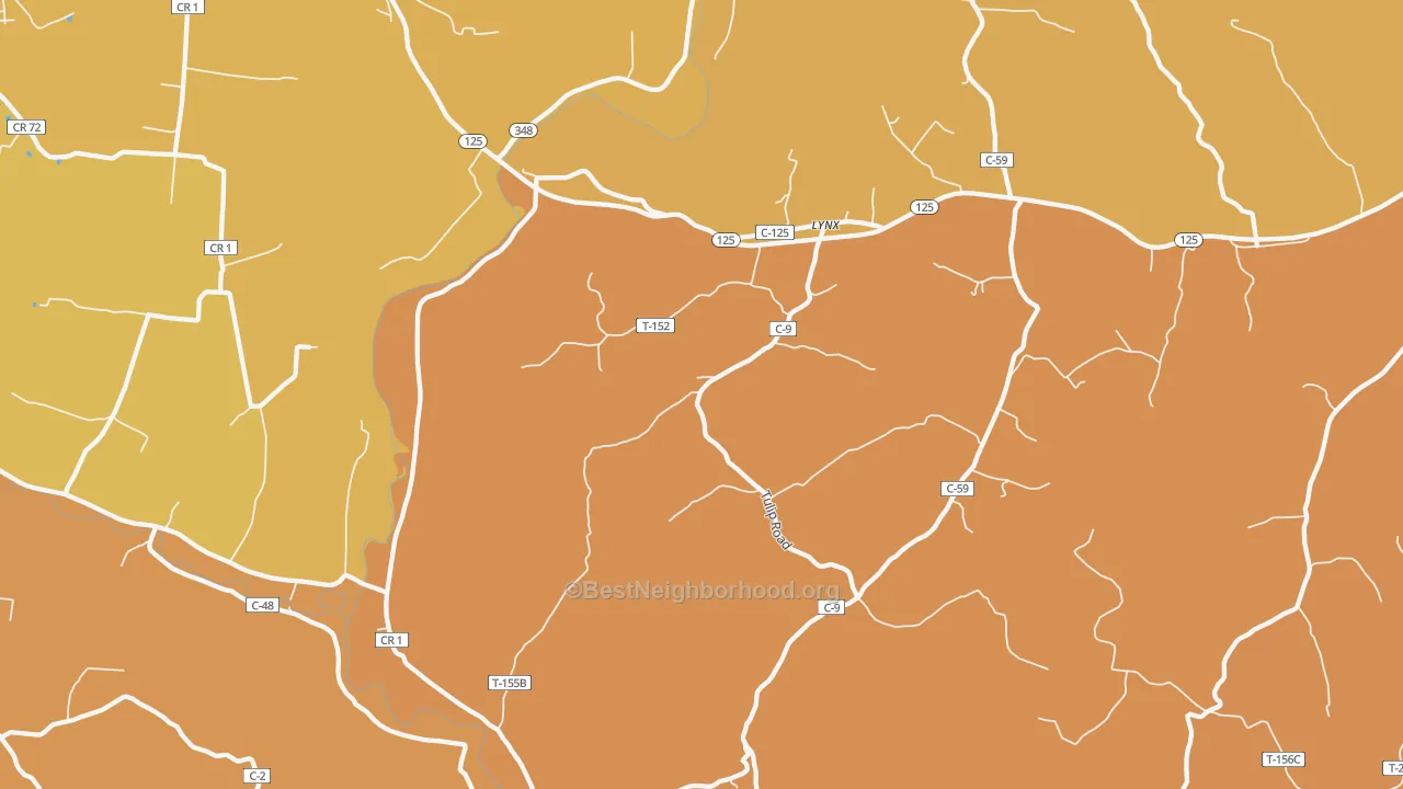 Map of the best neighborhoods in the Lynx area, with better matches in green and worse matches in red