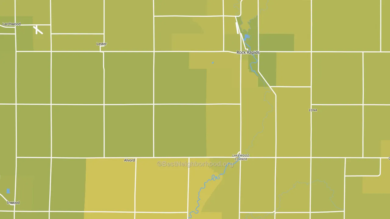 Map of the best neighborhoods in the Lyon County area, with better matches in green and worse matches in red