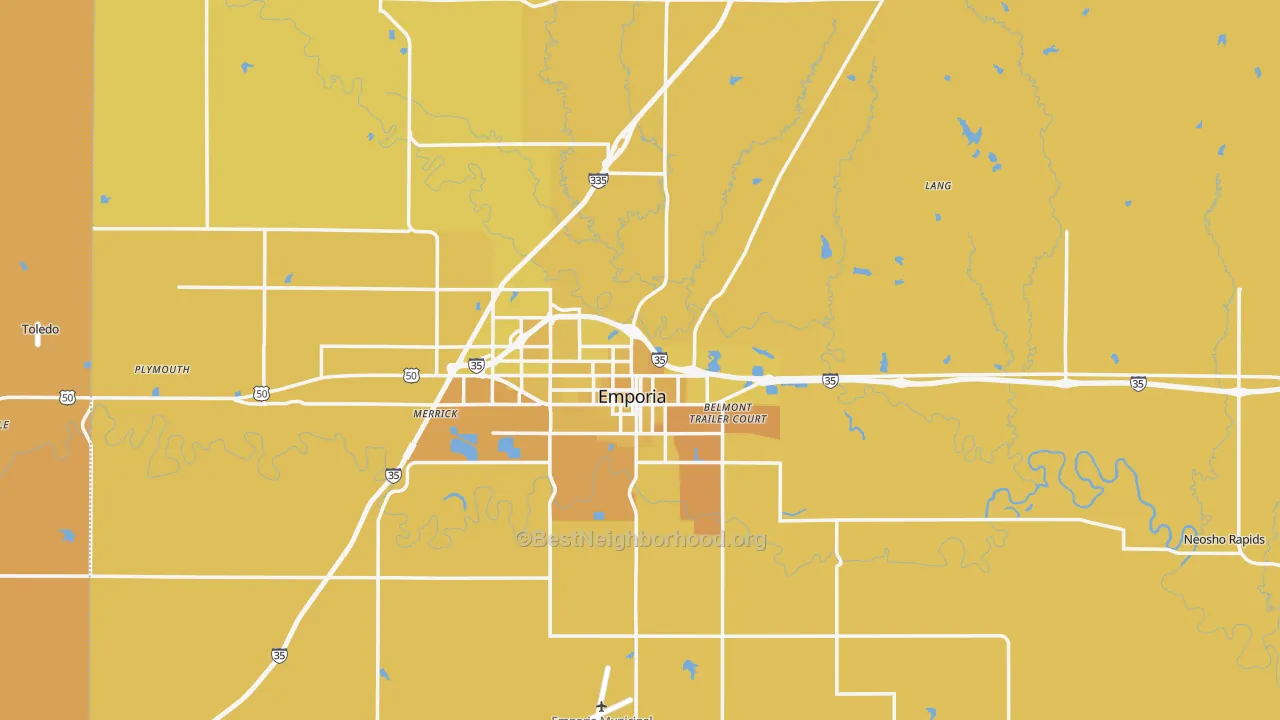 Map of the best neighborhoods in the Lyon County area, with better matches in green and worse matches in red