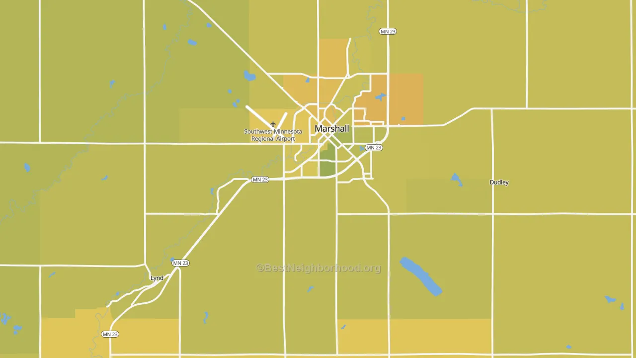 Map of the best neighborhoods in the Lyon County area, with better matches in green and worse matches in red