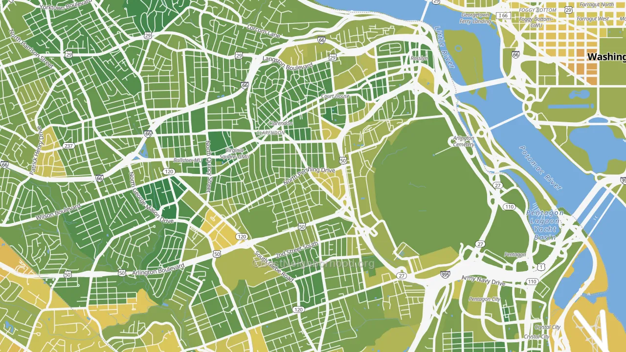 Map of the best neighborhoods in the Lyon Park, Arlington area, with better matches in green and worse matches in red