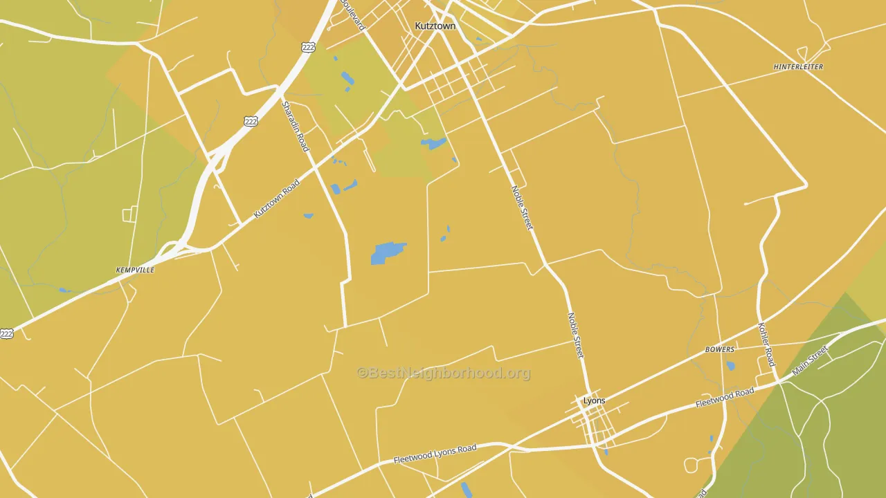 Map of the best neighborhoods in the Lyon Station area, with better matches in green and worse matches in red