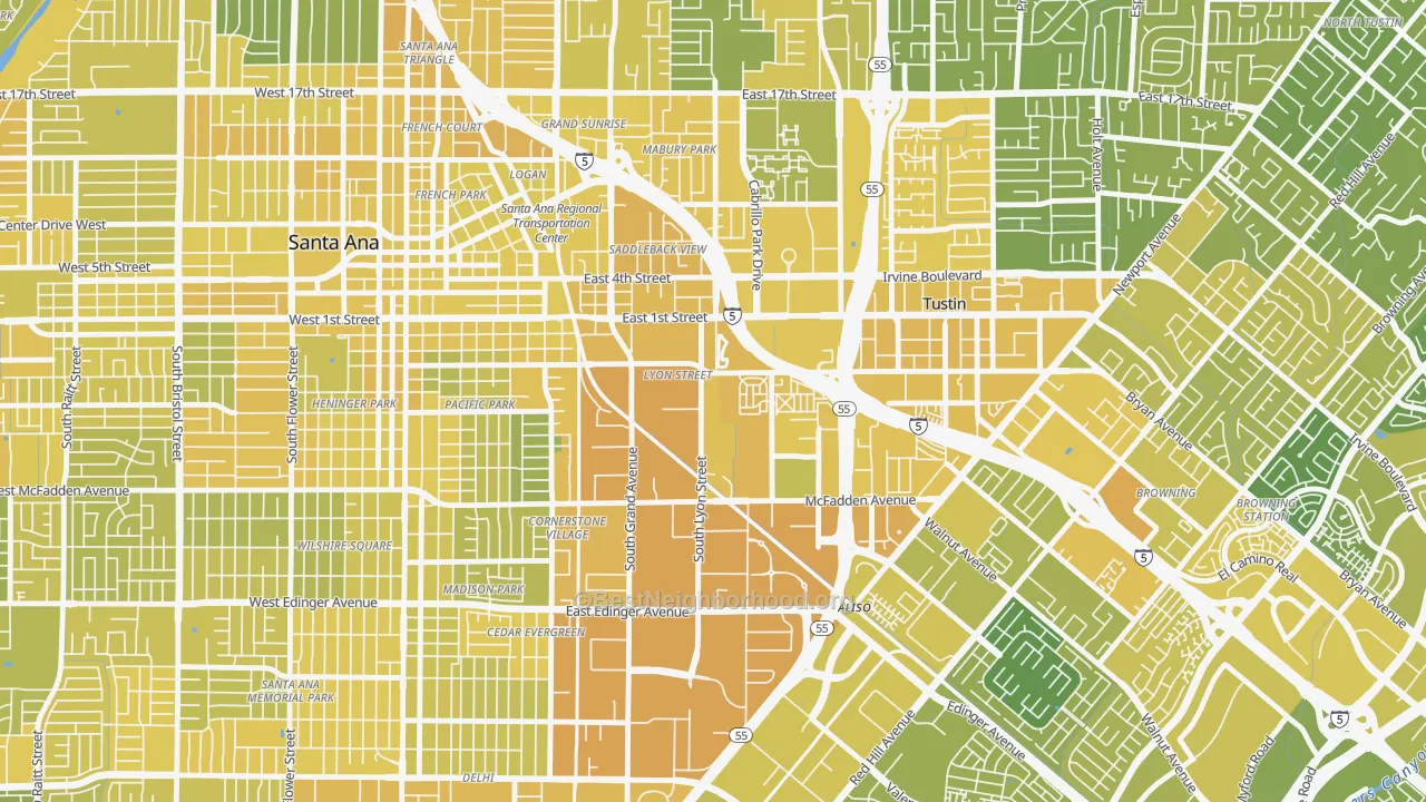 Map of the best neighborhoods in the Lyon Street, Santa Ana area, with better matches in green and worse matches in red
