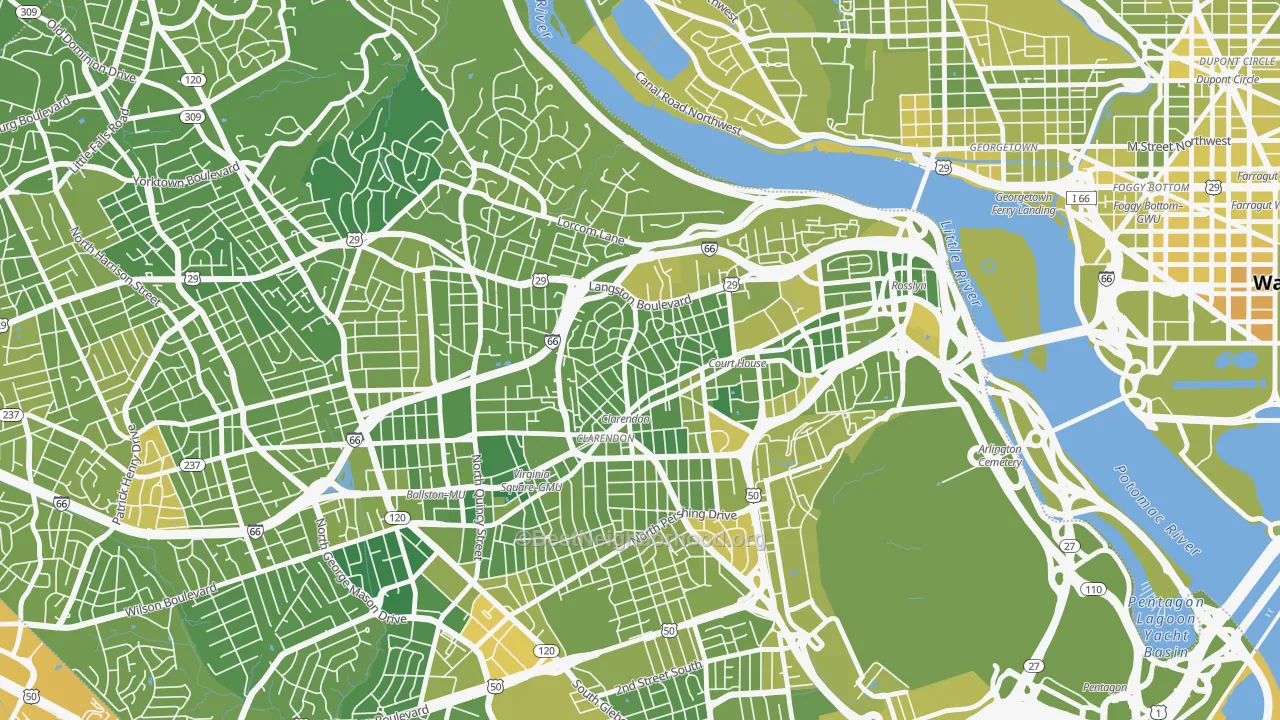 Map of the best neighborhoods in the Lyon Village, Arlington area, with better matches in green and worse matches in red