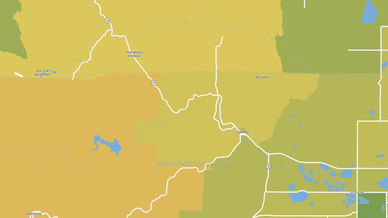 Map of the best neighborhoods in the Lyons area, with better matches in green and worse matches in red