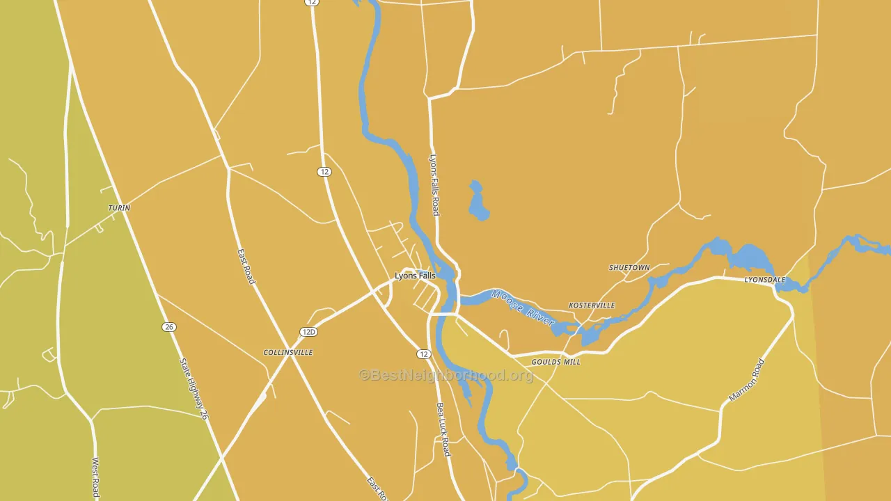 Map of the best neighborhoods in the Lyons Falls area, with better matches in green and worse matches in red