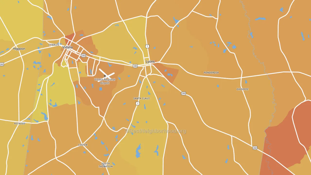 Map of the best neighborhoods in the Lyons area, with better matches in green and worse matches in red