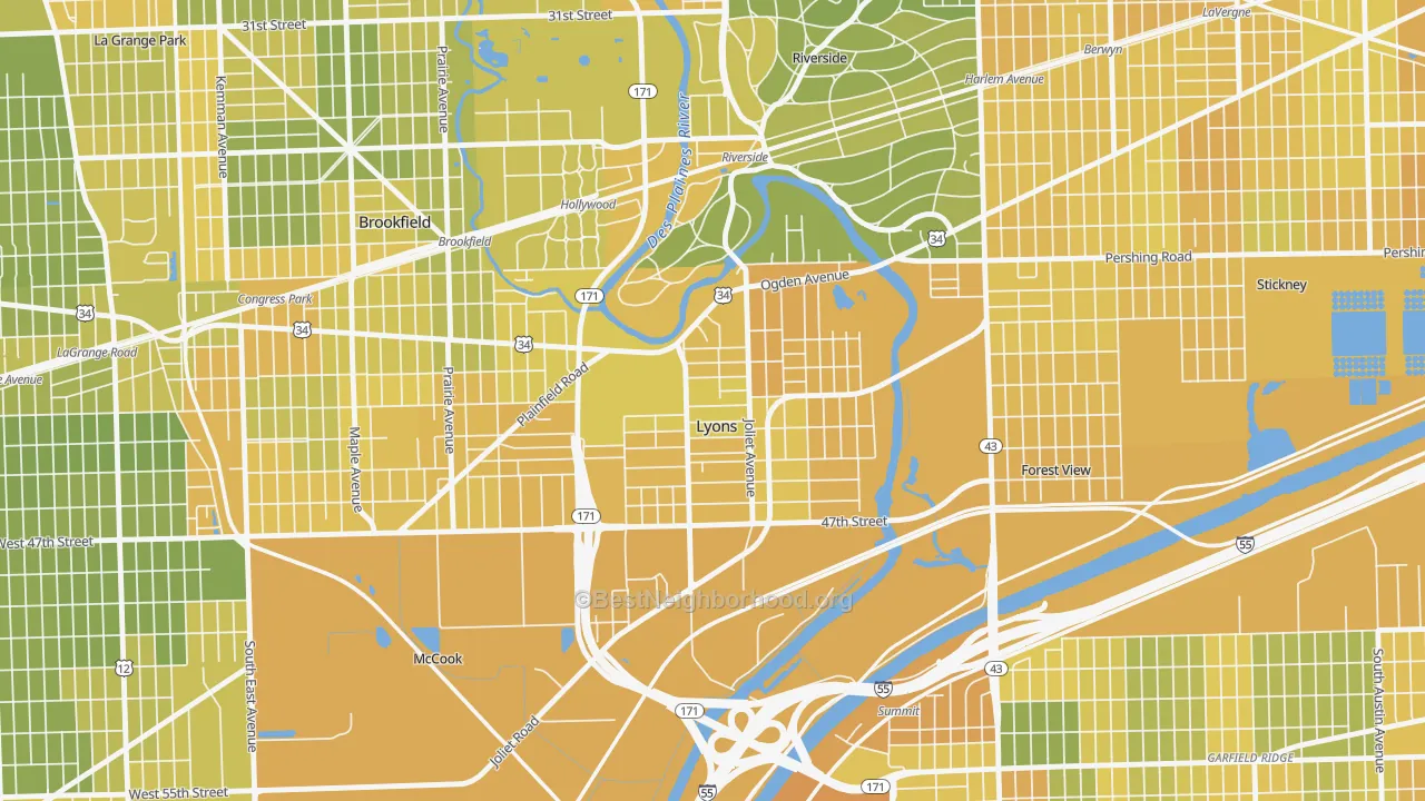 Map of the best neighborhoods in the Lyons area, with better matches in green and worse matches in red