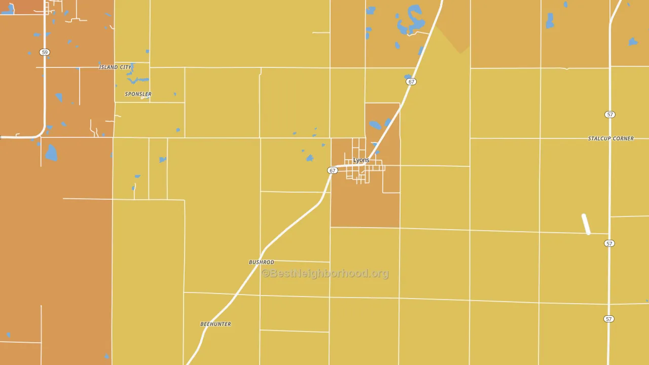 Map of the best neighborhoods in the Lyons area, with better matches in green and worse matches in red
