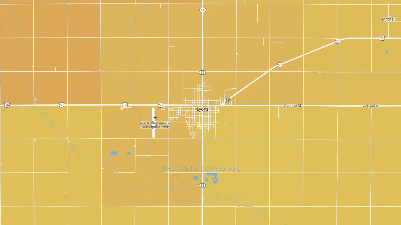 Map of the best neighborhoods in the Lyons area, with better matches in green and worse matches in red