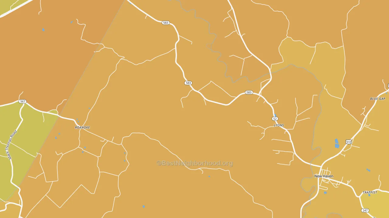 Map of the best neighborhoods in the Lyons area, with better matches in green and worse matches in red