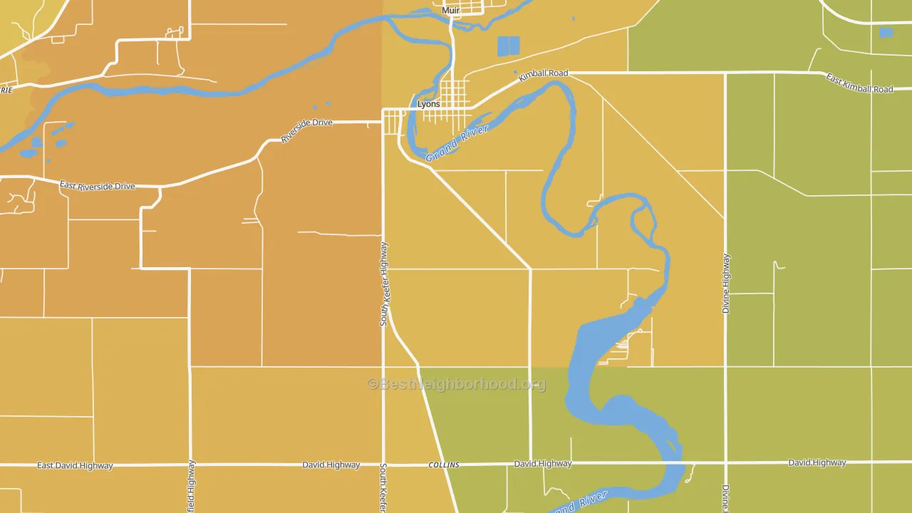Map of the best neighborhoods in the Lyons area, with better matches in green and worse matches in red