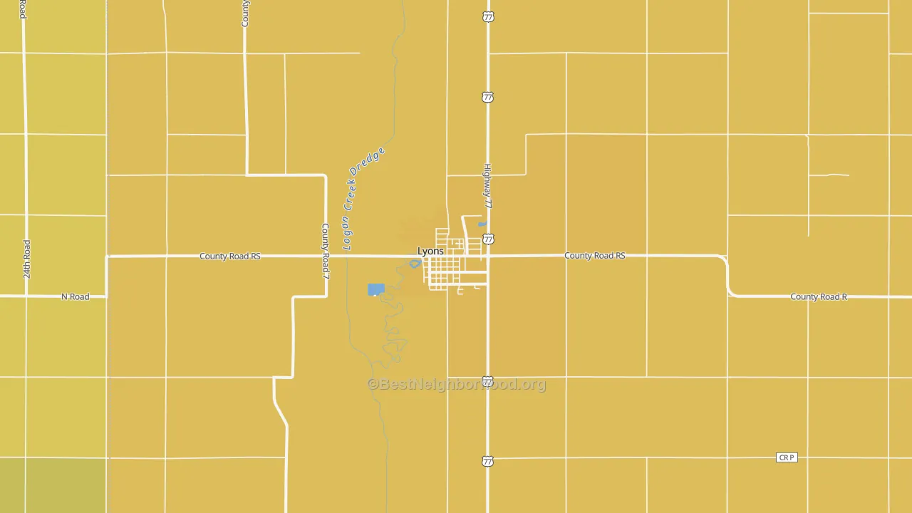 Map of the best neighborhoods in the Lyons area, with better matches in green and worse matches in red