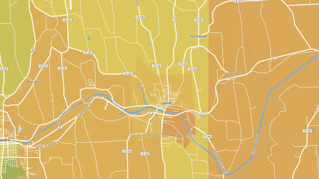 Map of the best neighborhoods in the Lyons area, with better matches in green and worse matches in red