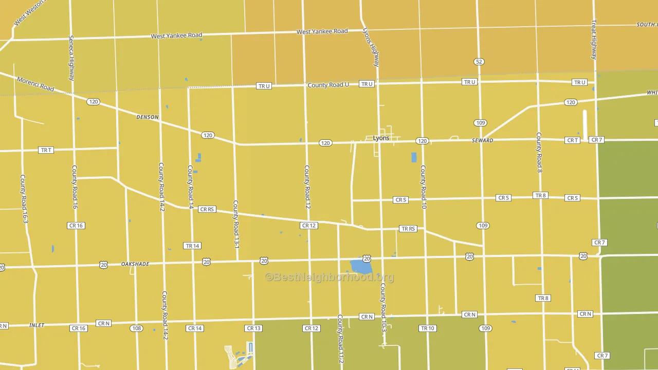Map of the best neighborhoods in the Lyons area, with better matches in green and worse matches in red