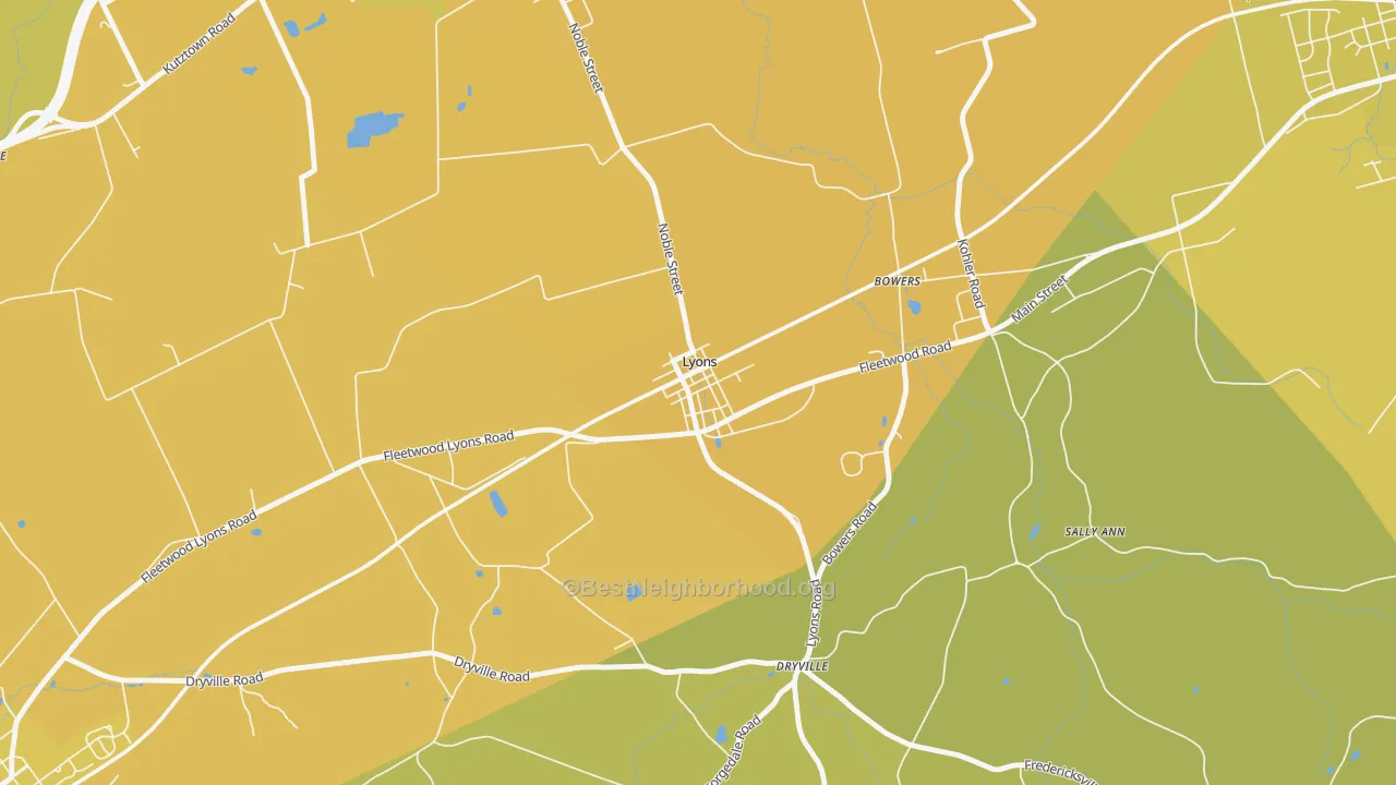 Map of the best neighborhoods in the Lyons area, with better matches in green and worse matches in red