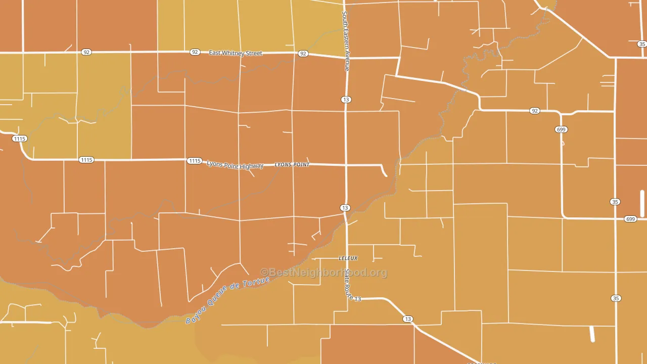 Map of the best neighborhoods in the Lyons Point area, with better matches in green and worse matches in red