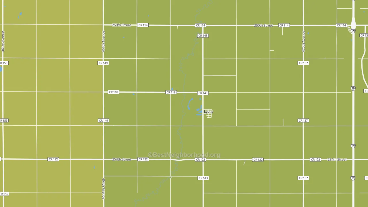 Map of the best neighborhoods in the Lyons area, with better matches in green and worse matches in red