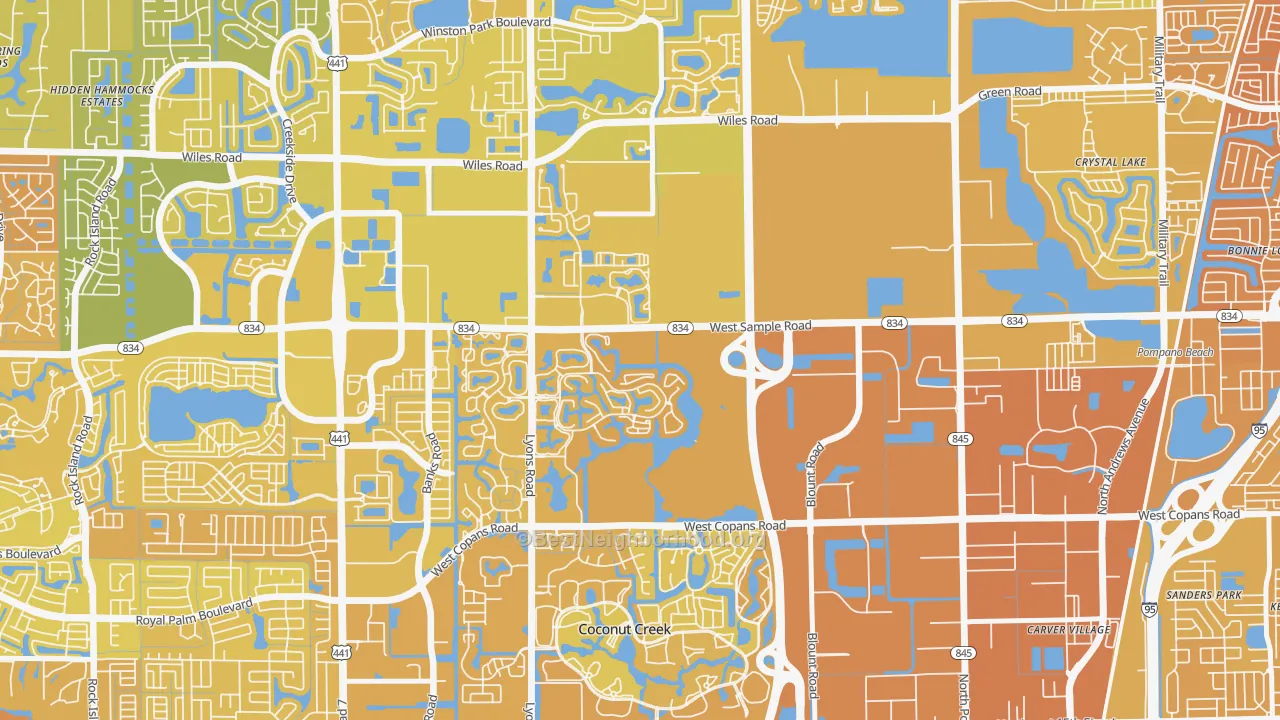 Map of the best neighborhoods in the Lyons Tradewinds Park, Coconut Creek area, with better matches in green and worse matches in red