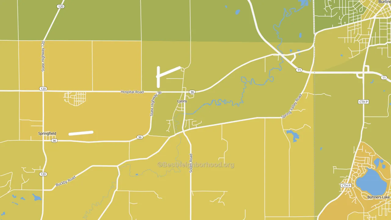Map of the best neighborhoods in the Lyons area, with better matches in green and worse matches in red