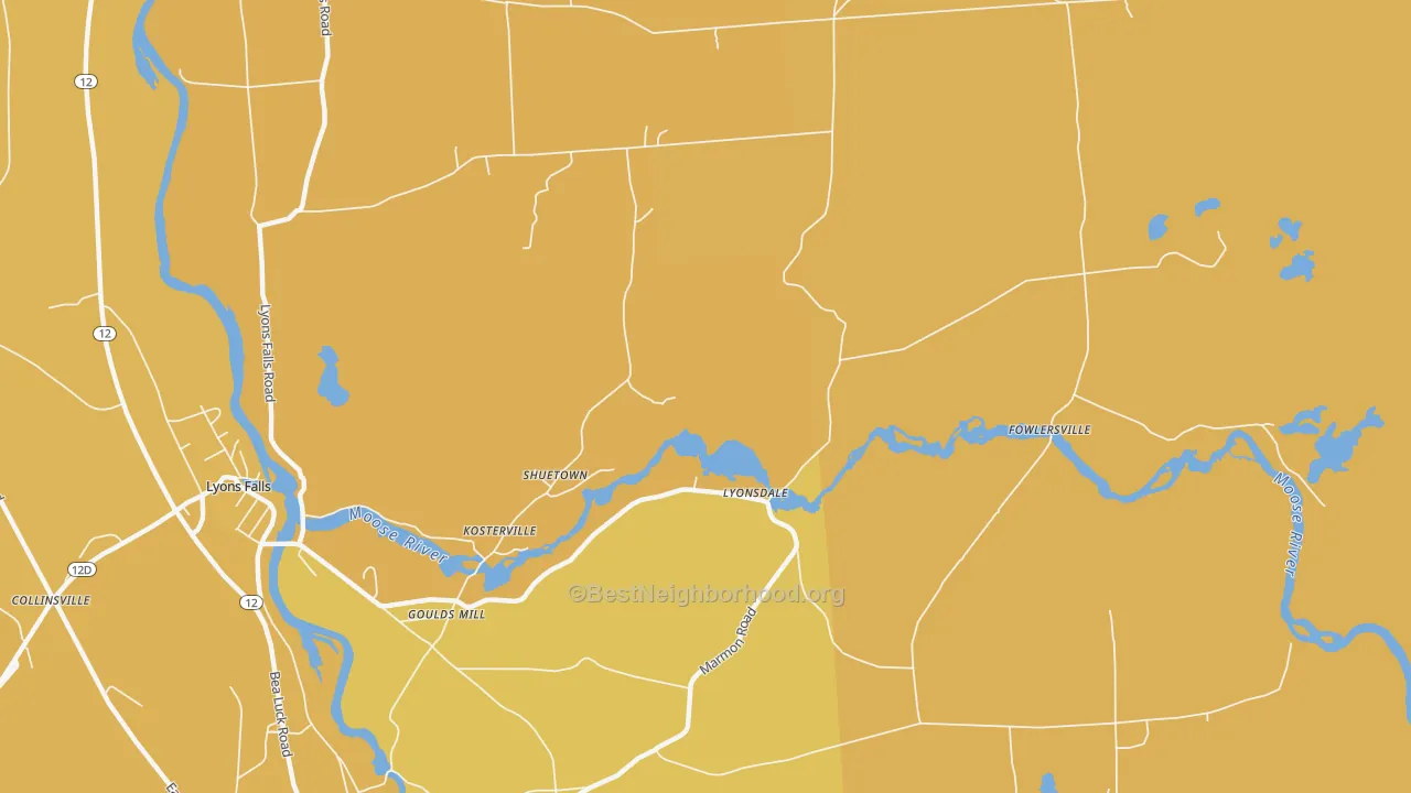 Map of the best neighborhoods in the Lyonsdale area, with better matches in green and worse matches in red