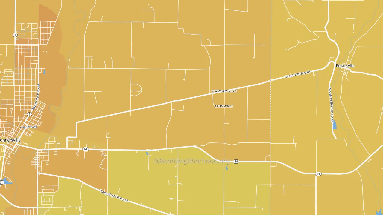 Map of the best neighborhoods in the Lyonsville area, with better matches in green and worse matches in red