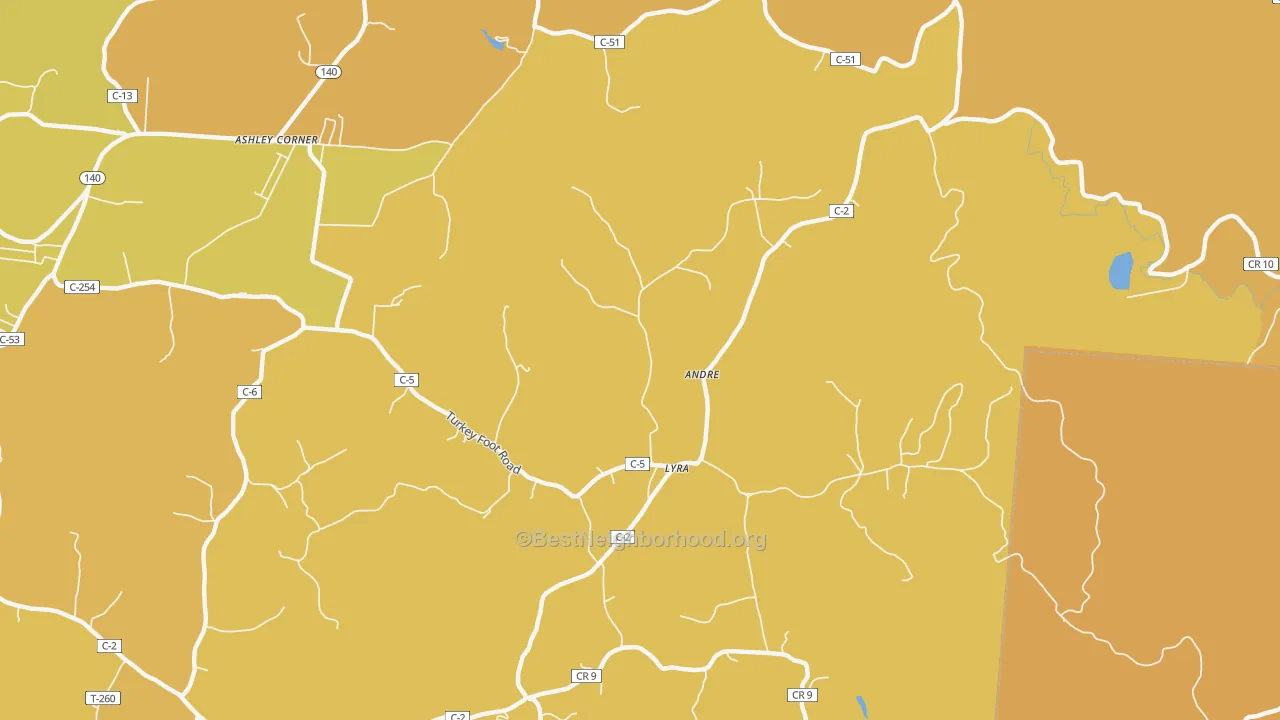 Map of the best neighborhoods in the Lyra area, with better matches in green and worse matches in red