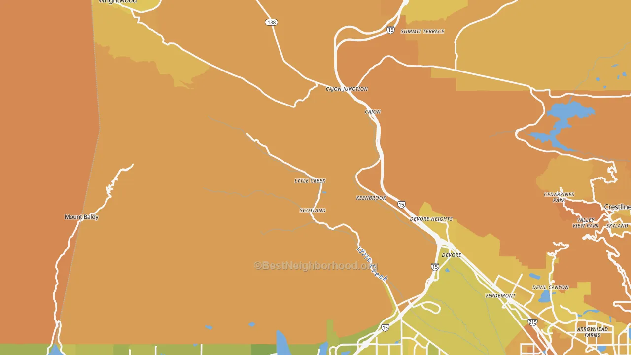 Map of the best neighborhoods in the Lytle Creek area, with better matches in green and worse matches in red