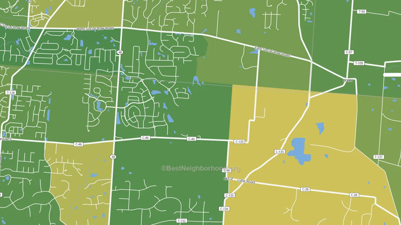 Map of the best neighborhoods in the Lytle area, with better matches in green and worse matches in red
