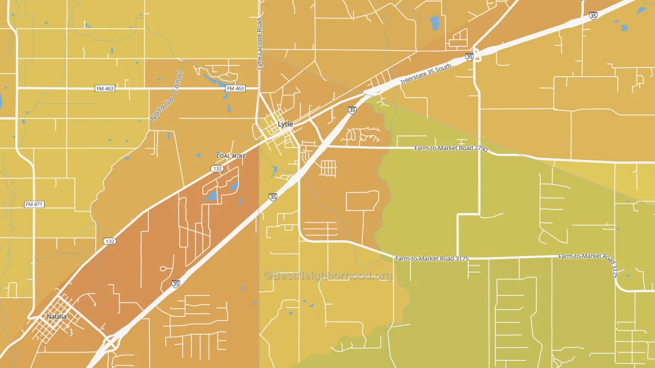 Map of the best neighborhoods in the Lytle area, with better matches in green and worse matches in red