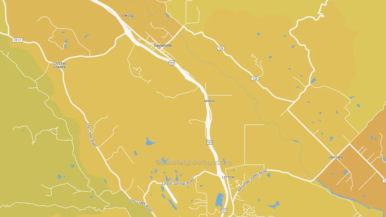 Map of the best neighborhoods in the Lytton area, with better matches in green and worse matches in red