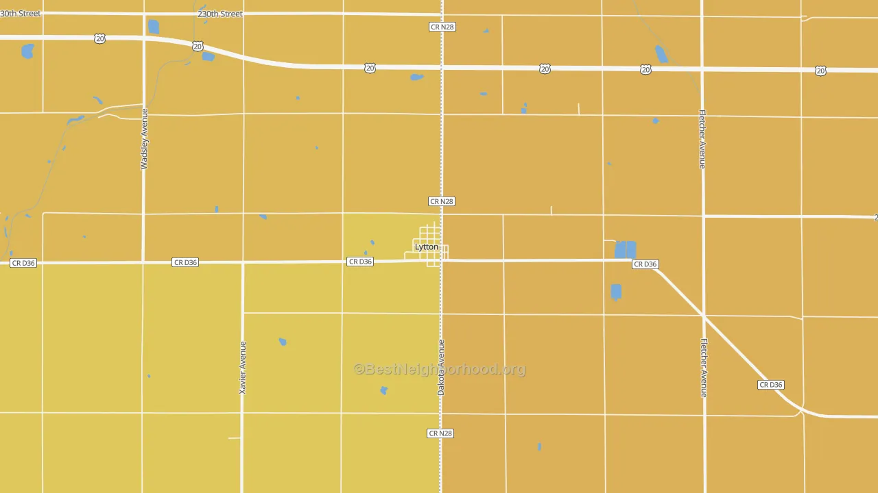 Map of the best neighborhoods in the Lytton area, with better matches in green and worse matches in red