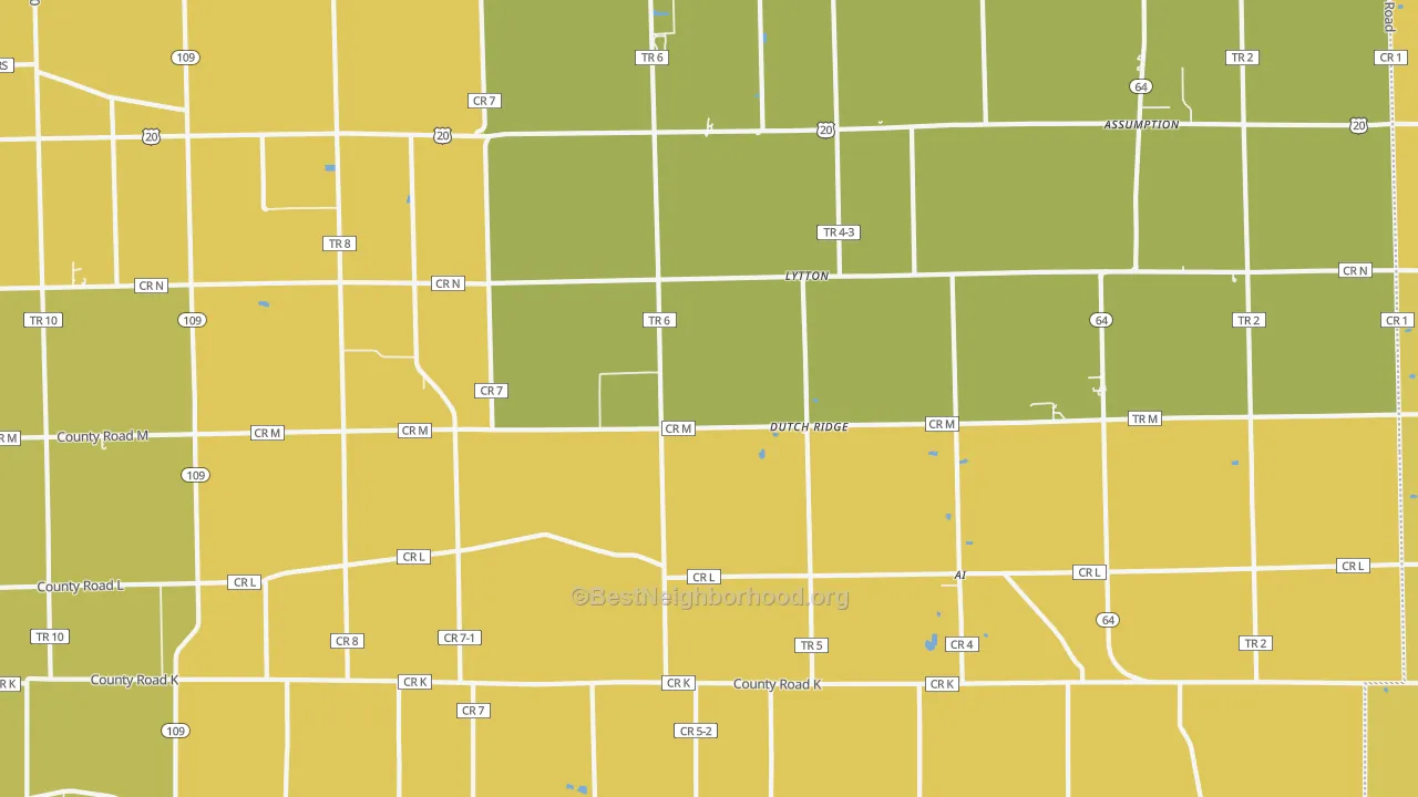 Map of the best neighborhoods in the Lytton area, with better matches in green and worse matches in red