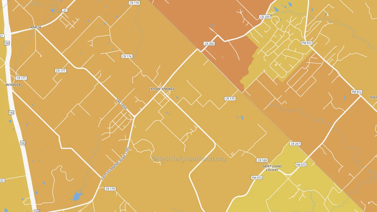 Map of the best neighborhoods in the Lytton Springs area, with better matches in green and worse matches in red