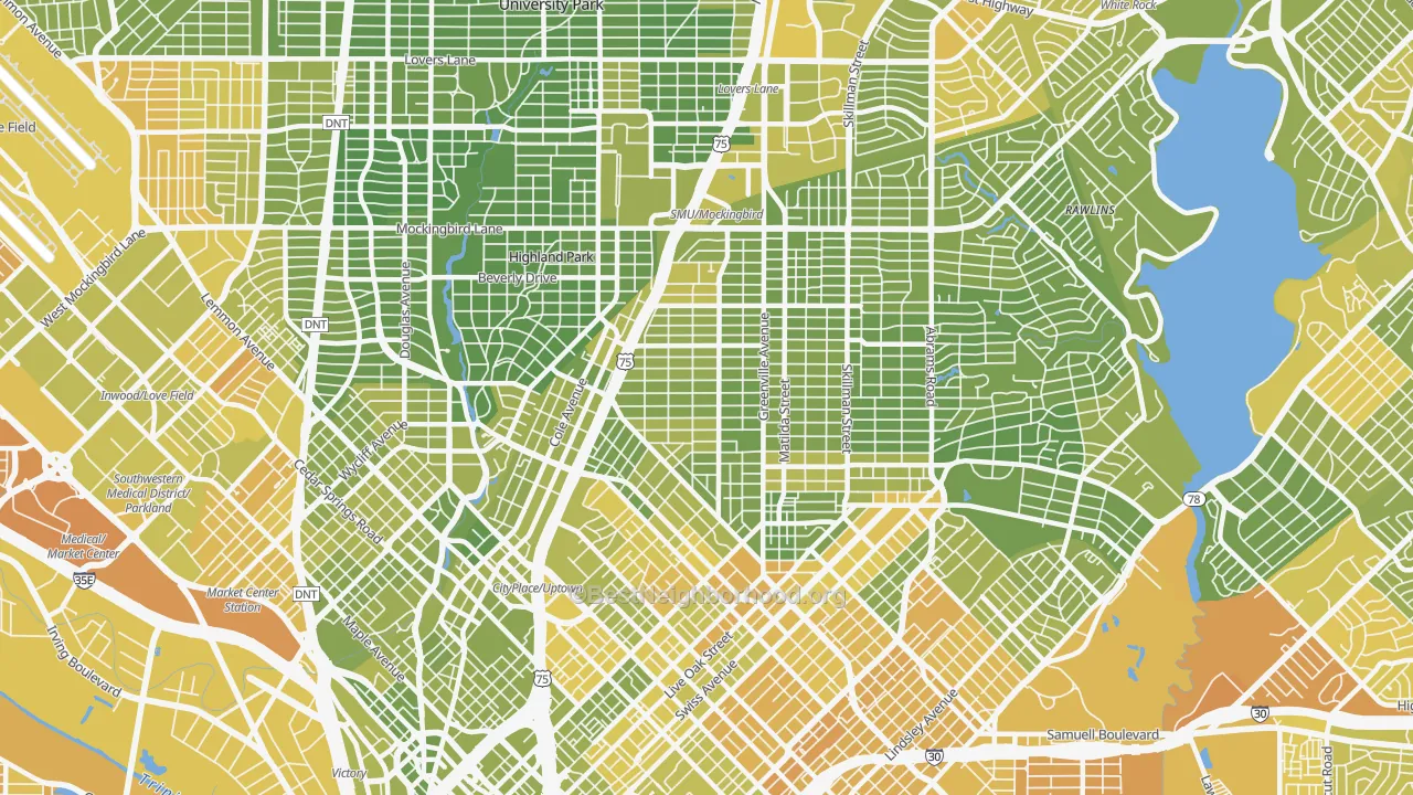 Map of the best neighborhoods in the M Streets, Dallas area, with better matches in green and worse matches in red