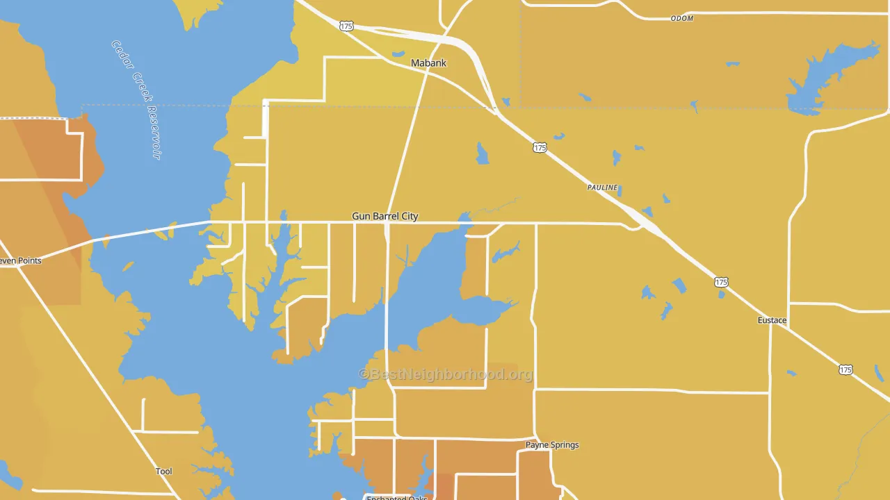 Map of the best neighborhoods in the Mabank area, with better matches in green and worse matches in red