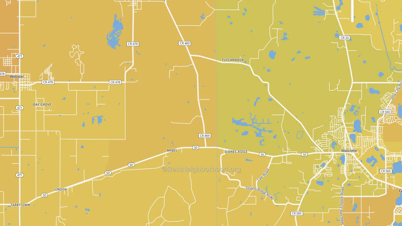 Map of the best neighborhoods in the Mabel area, with better matches in green and worse matches in red