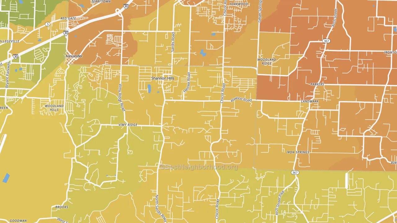 Map of the best neighborhoods in the Mabelvale area, with better matches in green and worse matches in red